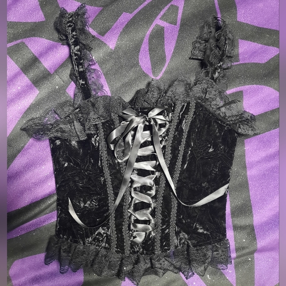 Dolls Kill Tops - Dolls Kill Black Lace-Up Velvet Corset Top with Purple Accents